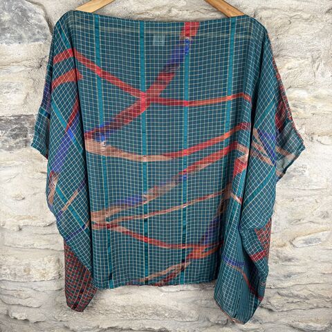 FREEDOM,TOP,SEE-THROUGH,ONE,SIZE,UK,12,to,20:,blue,with,orange,,abstract,red, orange, floral, freedom, top, on, the verge, polyester, uk, 12,14,16,18,20 