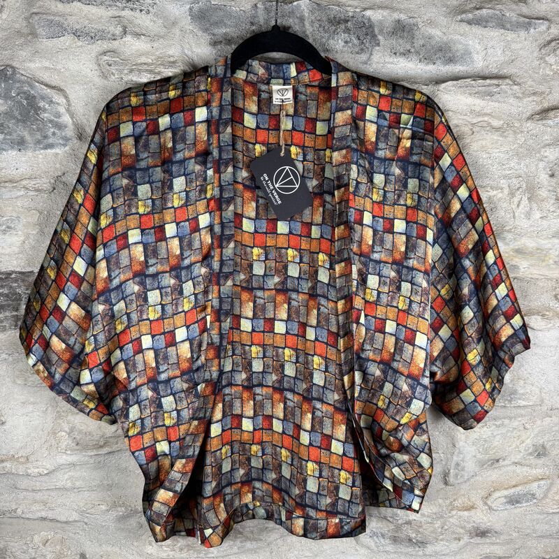PETITE KIMONO STYLE JACKET UK8 to UK12: dark blue, orange and yellow , abstract print - product images  of 