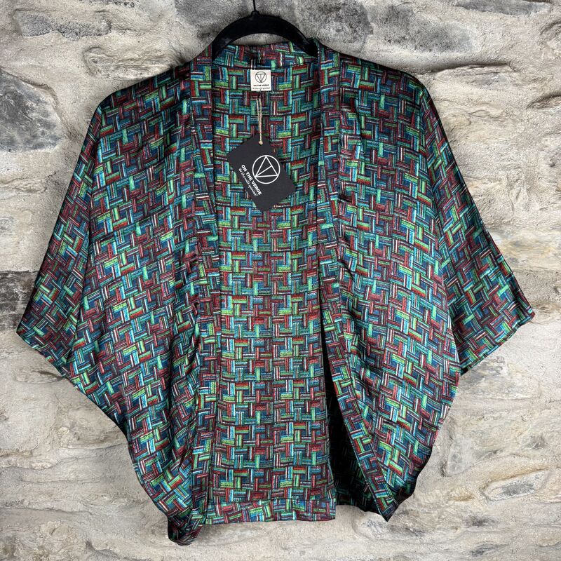 PETITE KIMONO STYLE JACKET UK8 to UK12: blue, teal, green, red, abstract - product images  of 