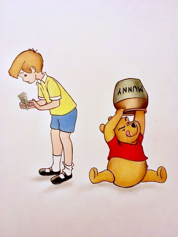 'Christopher's,Robbin',pop art, winnie the pooh, satire, drawing, pencil, colourful, funny, 