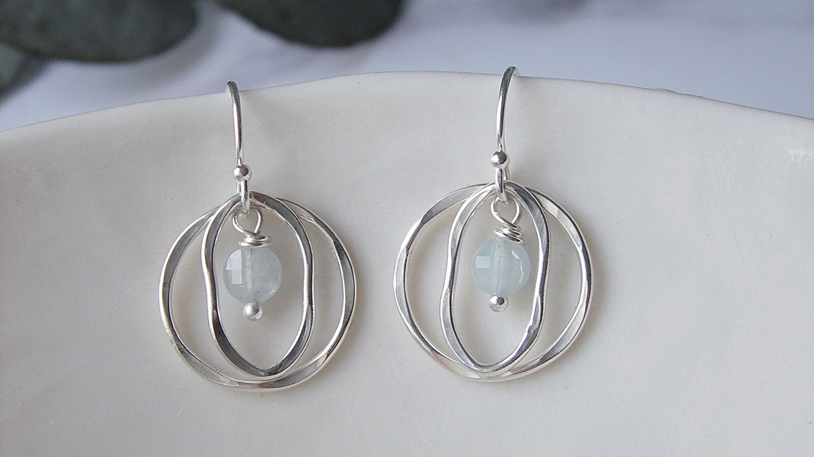 Handmade sterling silver earrings with aquamarine semi-precious gemstones by hazey designs