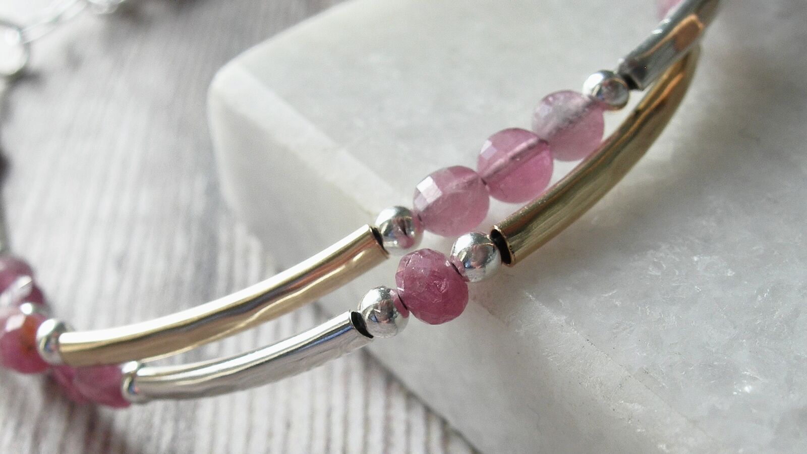 Pink tourmaline handmade bracelet with sterling silver and 14k filled gold