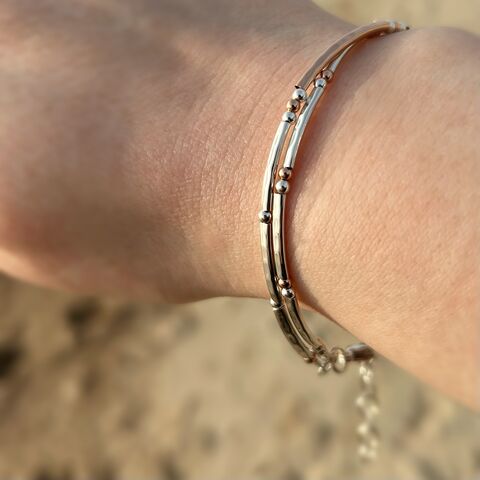 Double,Stranded,Silver,and,Rolled,Rose,Gold,Bracelet,rose gold bracelet, skinny bracelet, hazey designs