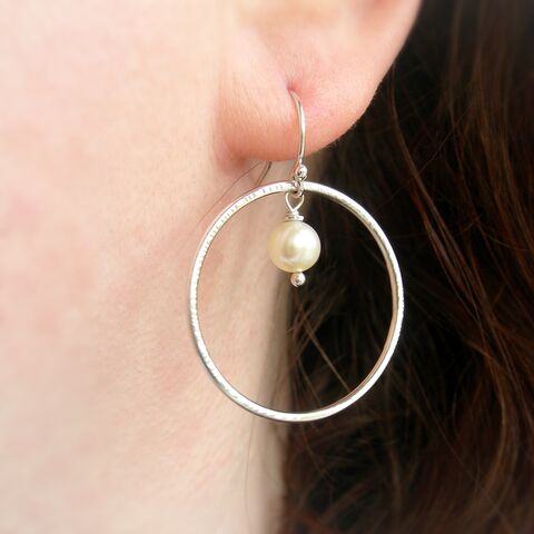 Large,Silver,Circle,Earrings,with,Freshwater,Pearl,pearl earrings, large pearl earrings, handmade pearl earrings