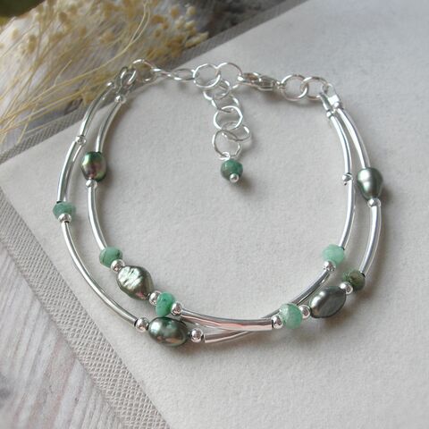 Emerald,Double,Stranded,Bracelet,emerald bracelet, emerald silver bracelet, emerald jewellery, green bracelet