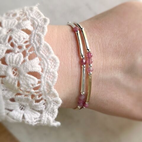 Pink,Tourmaline,Double,Stranded,Bracelet,Pink tourmaline bracelet, tourmaline, silver and gold bracelet, hazey designs
