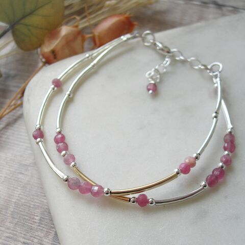Pink,Tourmaline,Double,Stranded,Bracelet,Pink tourmaline bracelet, tourmaline, silver and gold bracelet, hazey designs