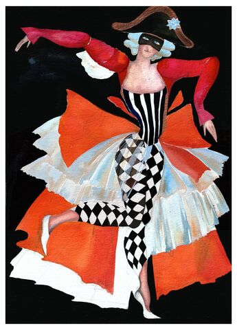 Dancing,Colombina,Olga_Lowenstein_Art,Dancing_Colombina,Giclee_art_print,Figurative_Art_Print,Bold_Vibrant_Color,Gift_for_Her,London_Artist,Commedia_dellArte,Sensual_Art,Large_art_print,Theatrical_motifs,Feminine_Art_Print,Large_Wall_Art