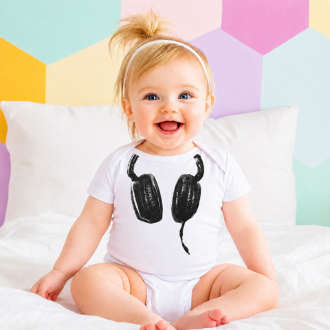 DJ,Headphones,Bodysuit,music, first disco, raver, rave, party, dj headphones baby bodysuit, uk baby bodysuit, cute baby bodysuit, cotton baby grow, funny baby vest, cute baby clothes, funny baby clothes, unique baby gifts, baby shower, baby shower gift, cool baby bodysuits, coo
