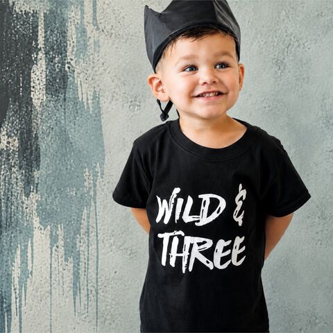 Wild,&,Three,Black,or,White,T-Shirt,wild child, wild thing, three and wild, 3rd birthday party outfit gift, 3, young wild and free, third tee, top, tshirt, kids, baby, youth, infant, toddler, trendy t-shirt, shirt, unisex, cool, boy, girl