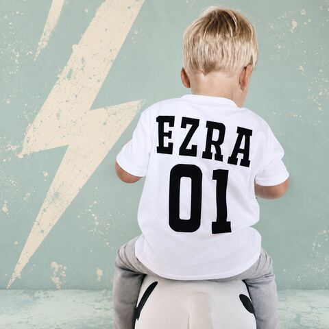 Sports,Name/Number,Black,or,White,T-Shirt,sport number baby tee, kids name and number t-shirt, children's football tees, sports kids top, personalised baby name number t-shirt, cotton baby t-shirt, funny baby tee, cute baby clothes, funny baby clothes, unique baby gifts, toddler tees, toddler tsh