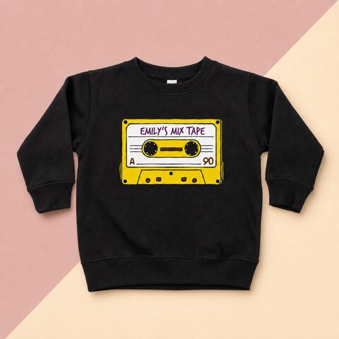 Custom,Name,Mix-Tape,Sweatshirt,custom, retro, mix tape, cassette, vintage tape, music lover sweatshirt, what's your mix tape, custom kids name, personalised name, sweater, pullover, baby jumper, toddler, child, children's, youth, trendy, hipster, hip, cool gift, infant, unisex birthday