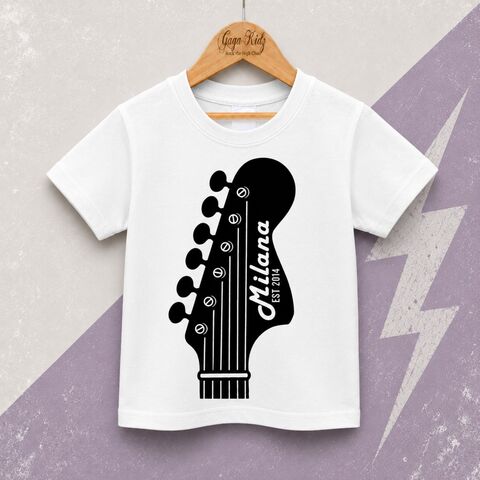 Custom,Electric,Guitar,Black,or,White,T-Shirt,custom, personalised, DOB, year, electric guitar, headstock, neck, rockstar, rock fan music lover metal, name, alternative, kids tshirt, baby tshirt, rock & roll, music tshirt, retro tshirt, kids music clothes, alternative baby gifts, heavy metal