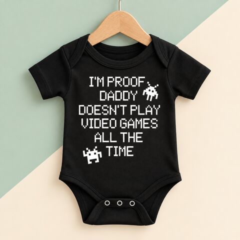 Proof,Daddy,Doesn't,Play,Video,Games,Baby,Bodysuit,i'm proof daddy doesn't play video games all the time, funny baby toddler bodysuit, new baby gifts, sarcastic baby grow, baby shower ideas, gamer dad, pregnancy reveal announcement