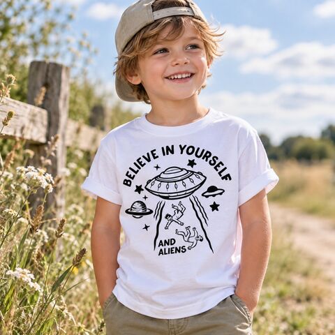 Alien,Believer,Black,or,White,T-Shirt,believe in yourself and aliens, UFO, science fiction, sci-fi, space, nerd, geek, funny, little green men, area 51, beam me up, ET fan, out of this world, spaceman tshirt, kids shirt, clothes for kids, baby t-shirts
