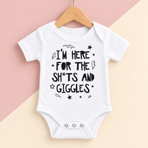 Here,for,Shits,&,Giggles,Black,or,White,Bodysuit,i'm just here for the shits and giggles, new parents gift, new baby gift, rave baby, funny baby gift, funny baby clothes, baby onesie, baby bodysuit, baby clothes, baby gifts, toddler onesie, toddler bodysuit