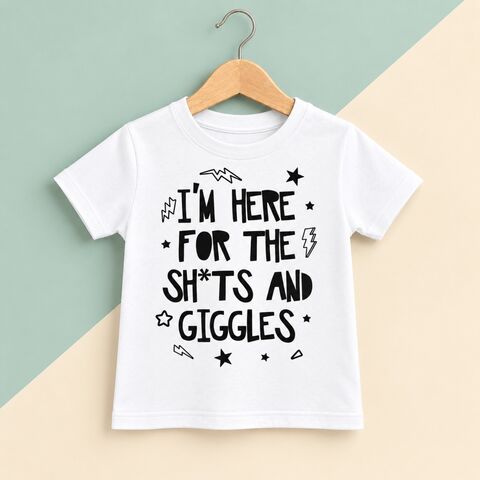 Here,for,Shits,&,Giggles,Black,or,White,T-Shirt,I'm just here for the shits and giggles, poop, sarcasm shirt, sarcastic shirt, funny kids shirt, amusing shirt, nope don't care, i don't care shirt, clothes for kids, kids tshirt, baby tee, baby t-shirts, cool baby tees, cotton baby t-shirt, funny tee