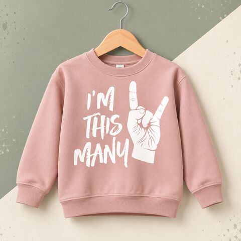 I'm,This,Many,2,Dusty,Pink,Sweatshirt,i'm this many, rock and roll finger salute, hand gesture, alternative music fashion, two wild, wild 2nd birthday, aged 2, turning two, 2nd birthday party outfit, dusty pink, wild girl, wild child, kids sweatshirt, the birthday girl, toddler