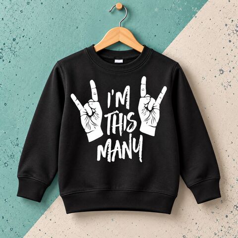 I'm,This,Many,4,Sweatshirt,i'm this many 4, funny rock and roll hand, rocker hand, 4th birthday party, four ever wild, wild & four, 4th birthday, aged 4, turning four, 4th birthday party outfit, wild girl, wild child, kids sweatshirt, toddler sweater, rock & roll hand, heavy metal