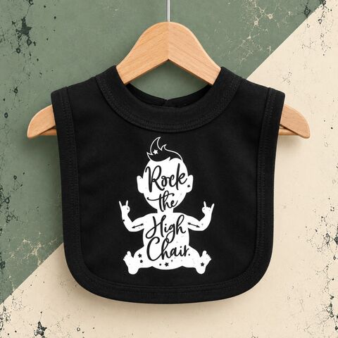 Rock,the,High,Chair,Baby,Bib,rock the high chair, gaga kidz, baby bibs, baby gifts, baby shower, feeding time bib, funny baby clothes, weening bib, dribble bib, rock n roll baby, rock baby gifts