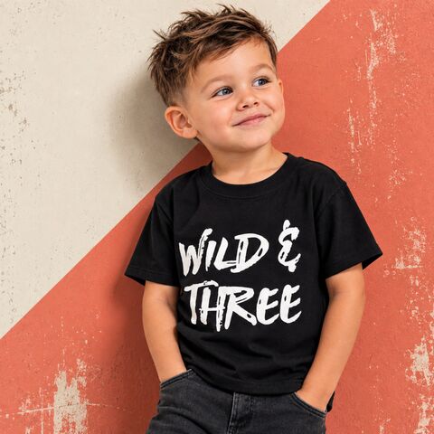 Wild,&,Three,Black,or,White,T-Shirt,wild child, wild thing, three and wild, 3rd birthday party outfit gift, 3, young wild and free, third tee, top, tshirt, kids, baby, youth, infant, toddler, trendy t-shirt, shirt, unisex, cool, boy, girl