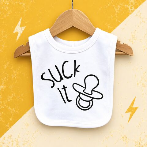 Suck,It,Baby,Bib,suck it baby bib, funny newborn outfit gift, baby shower, infant dribble bib, pacifier, dummy, rude, humorous, gift for expecting friend, baby accessory