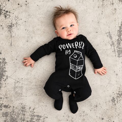 Powered,by,Milk,Black,or,White,Baby,Romper,funny baby shower gift, milk baby, baby bottle, powered by milk, milk monster, but first milk, breast milk, funny romper, funny onesie, baby clothes, baby one piece, baby onesie, toddler onesie, baby gift, newborn gift