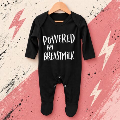 Powered,by,Breast,Milk,Black,or,White,Baby,Romper,breast is best, funny baby shower gift, milk baby bottle, powered by breast milk monster, funny romper, funny onesie, baby clothes, baby one piece, baby onesie, toddler onesie, newborn gift, coming home outfit