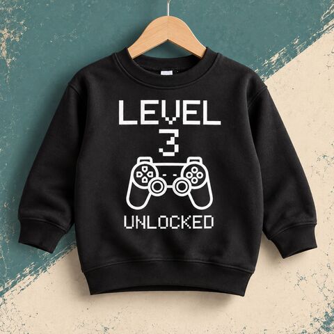 Level,Unlocked,(Choose,Age),Sweatshirt,one, two, three, four, five, six, seven, eight, nine, ten, kids sweatshirt, crew neck sweater, first birthday party outfit, baby gift, toddler, aged clothes, number, turning, 1st, gamer, sony, playsation, gaming, nintendo, geek, FPS, controller