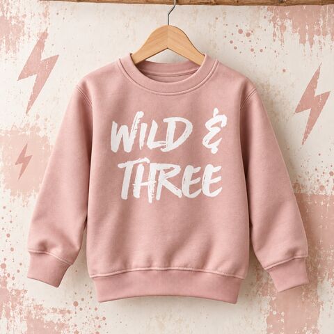 Wild,&,Three,Dusty,Pink,Sweatshirt,wild & three, wild and three, wild 3rd birthday, aged 3 gift, turning three, third birthday party outfit, dusty pink, wild one, wild girl, wild child, kids sweatshirt, kids sweater, crew neck sweater, baby sweater, baby sweatshirt, toddler sweatshirt, gir