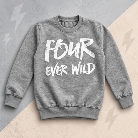 Four,Ever,Wild,Grey,Sweatshirt,alternative indie kid cool trendy hipster fashion, four ever wild, grey marl, 4th birthday gift, aged 4, turning four, fourth birthday party outfit, boy girl, child, sweater, pullover, jumper, toddler