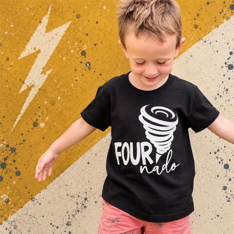 Fournado,Black,or,White,T-Shirt,four ever wild child, wild thing, 4 and wild, fournado, four nado, 4th birthday party outfit gift, tee, top, tshirt, kids, baby, youth, infant, toddler, trendy t-shirt, shirt, unisex, cool, boy, girl