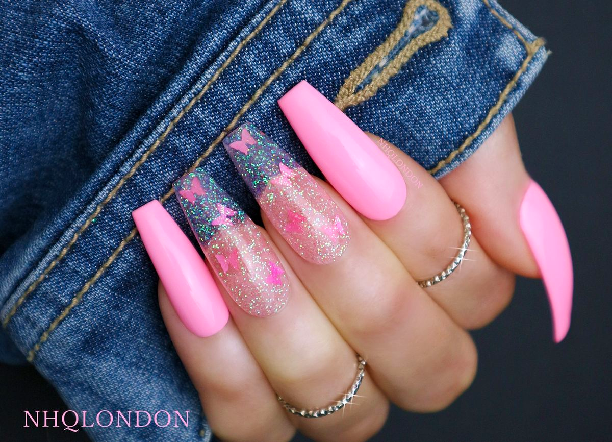 pink butterfly nails, pink press on nails, Butterfly nails NHQ London