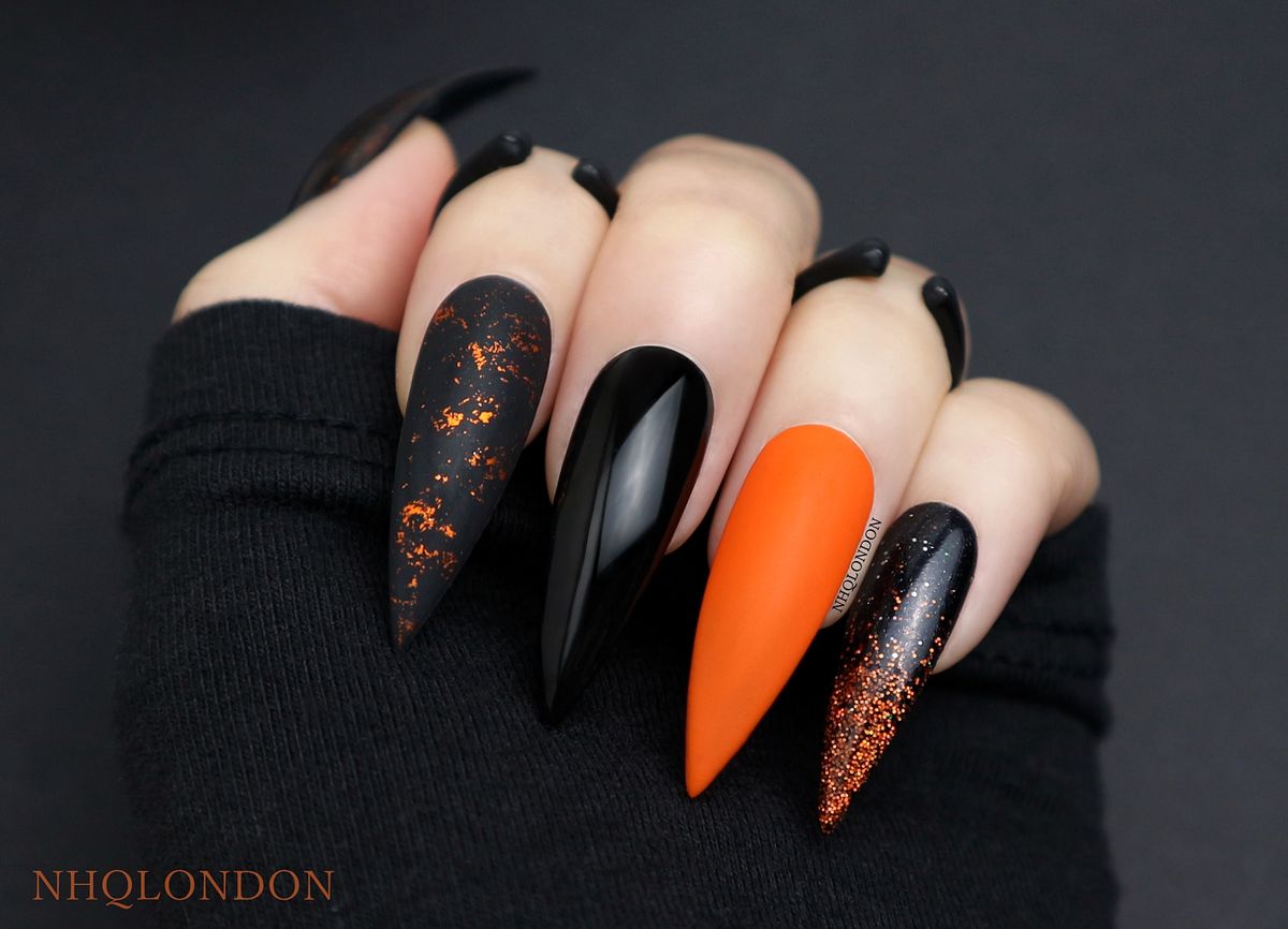 orange and black nails, orange halloween nails, orange press on nails