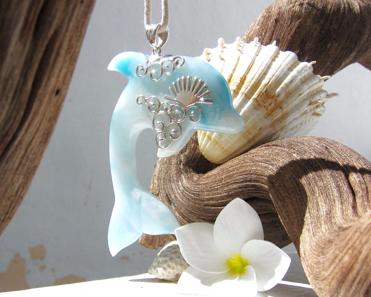 OOAK Larimar dolphin pendant, Sunrise Leap - ET3703 - product images  of 