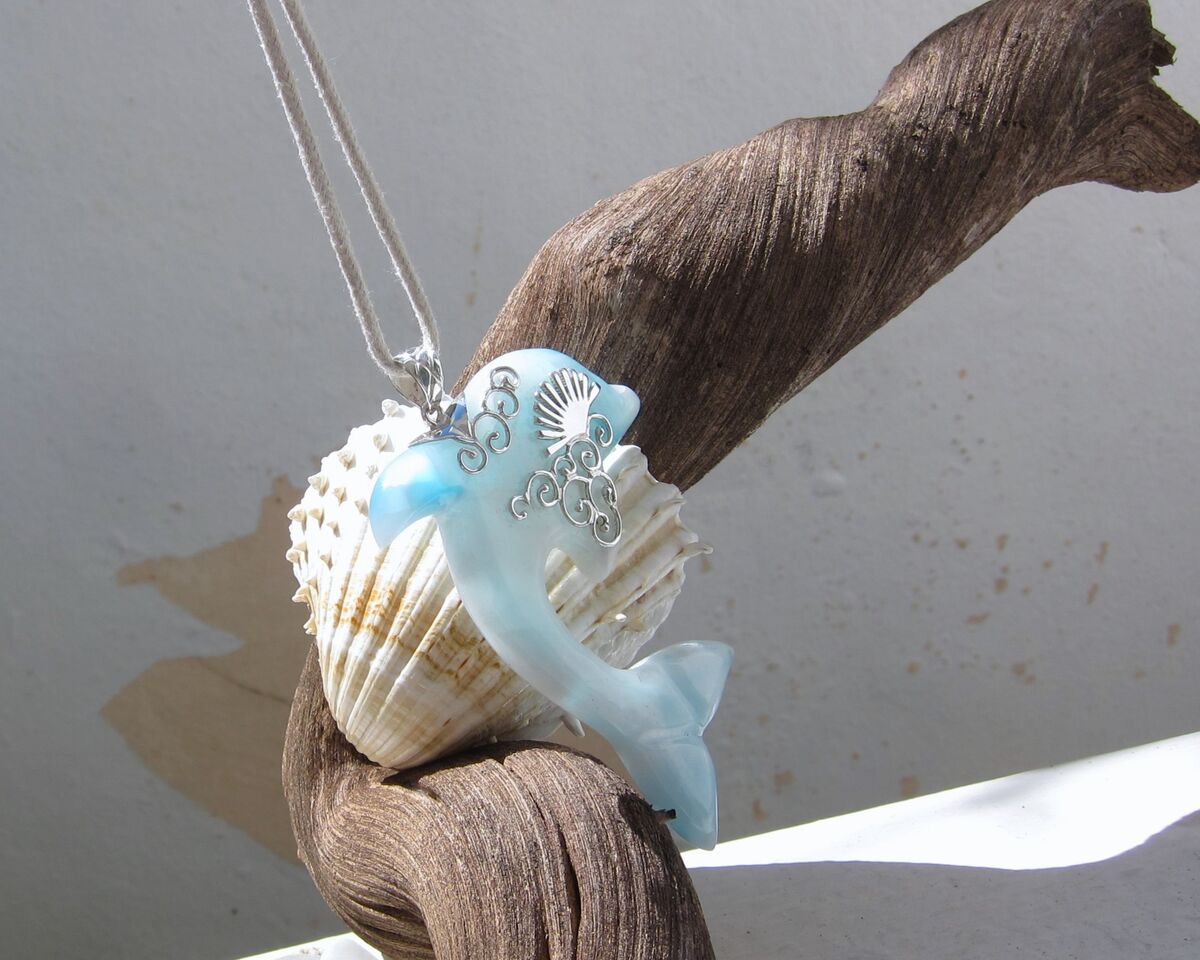 OOAK Larimar dolphin pendant, Sunrise Leap - ET3703 - product images  of 