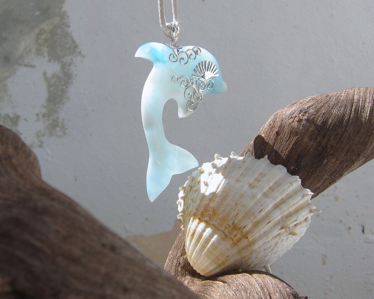 OOAK Larimar dolphin pendant, Sunrise Leap - ET3703 - product images  of 