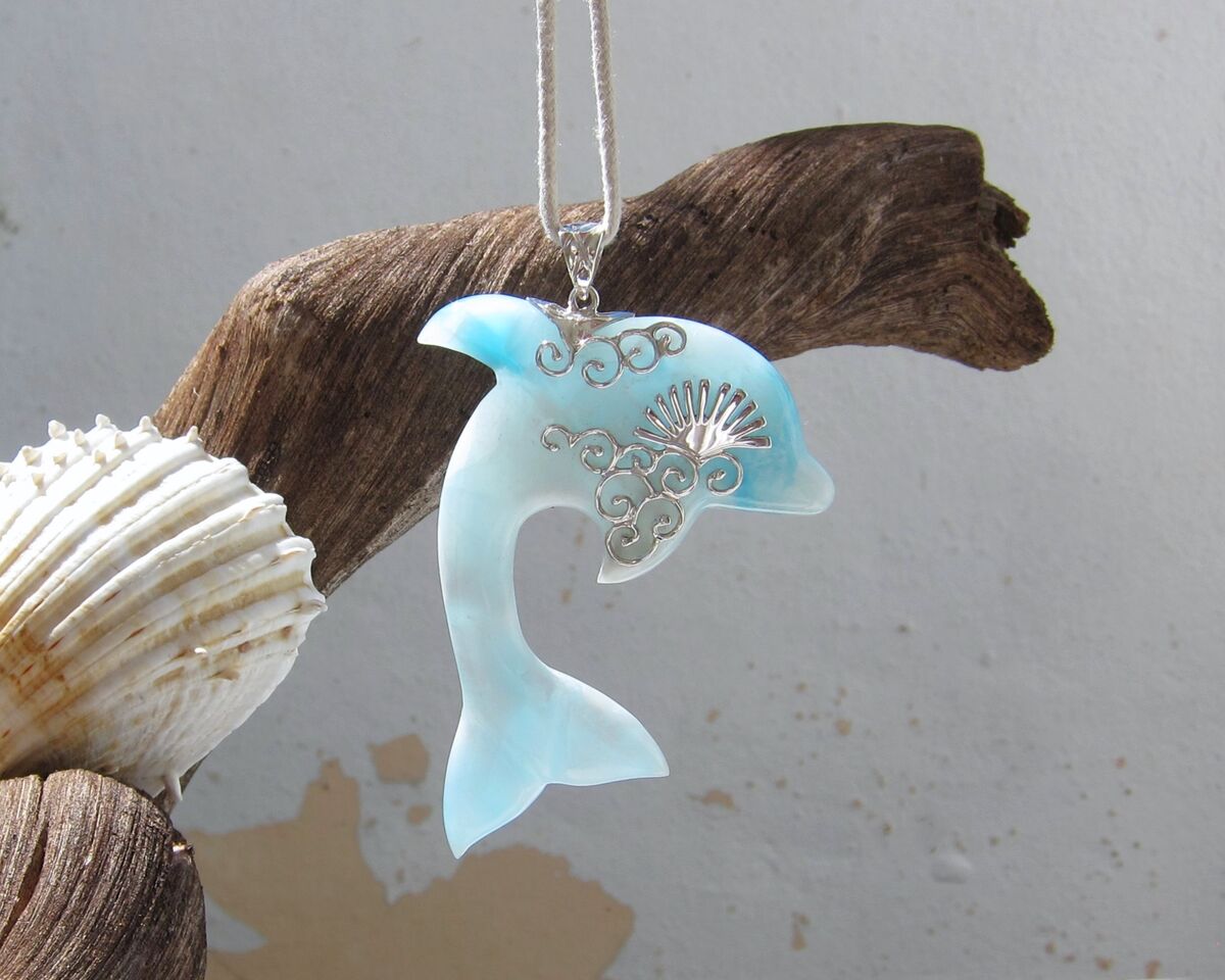 OOAK Larimar dolphin pendant, Sunrise Leap - ET3703 - product images  of 
