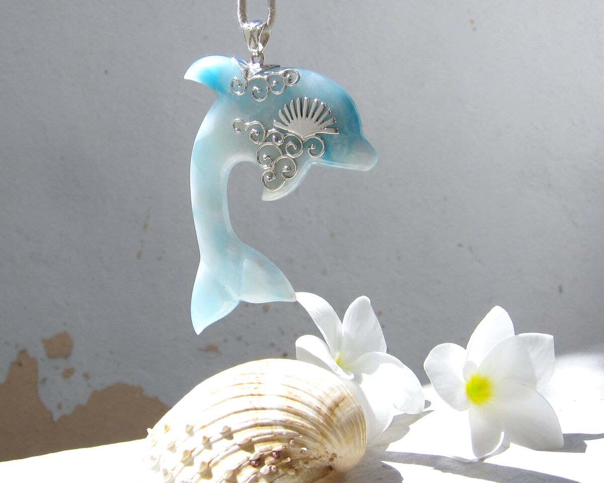 OOAK Larimar dolphin pendant, Sunrise Leap - ET3703 - product images  of 