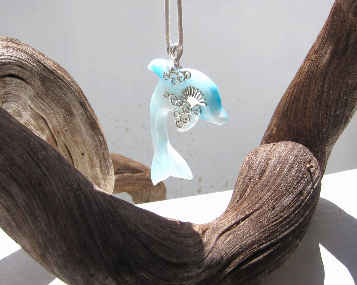 OOAK Larimar dolphin pendant, Sunrise Leap - ET3703 - product images  of 
