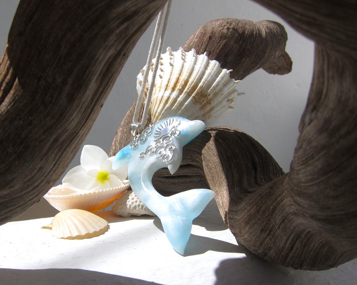 OOAK Larimar dolphin pendant, Sunrise Leap - ET3703 - product images  of 
