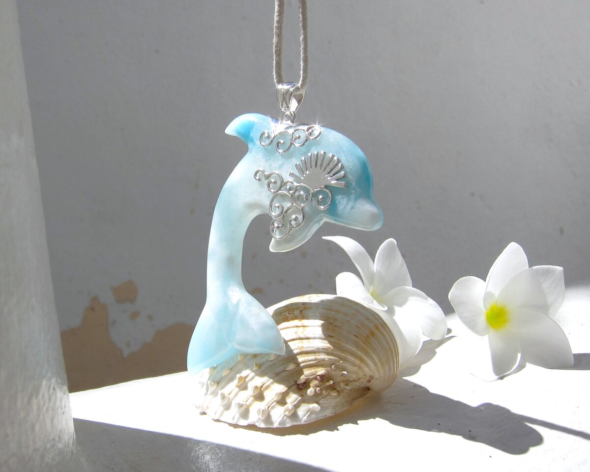 OOAK Larimar dolphin pendant, Sunrise Leap - ET3703 - product images  of 