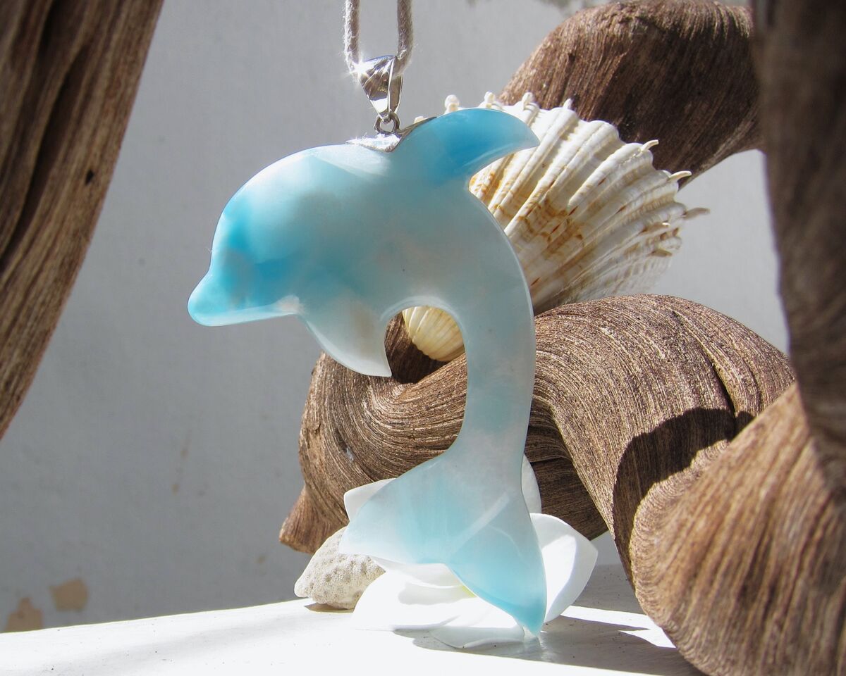 OOAK Larimar dolphin pendant, Sunrise Leap - ET3703 - product images  of 