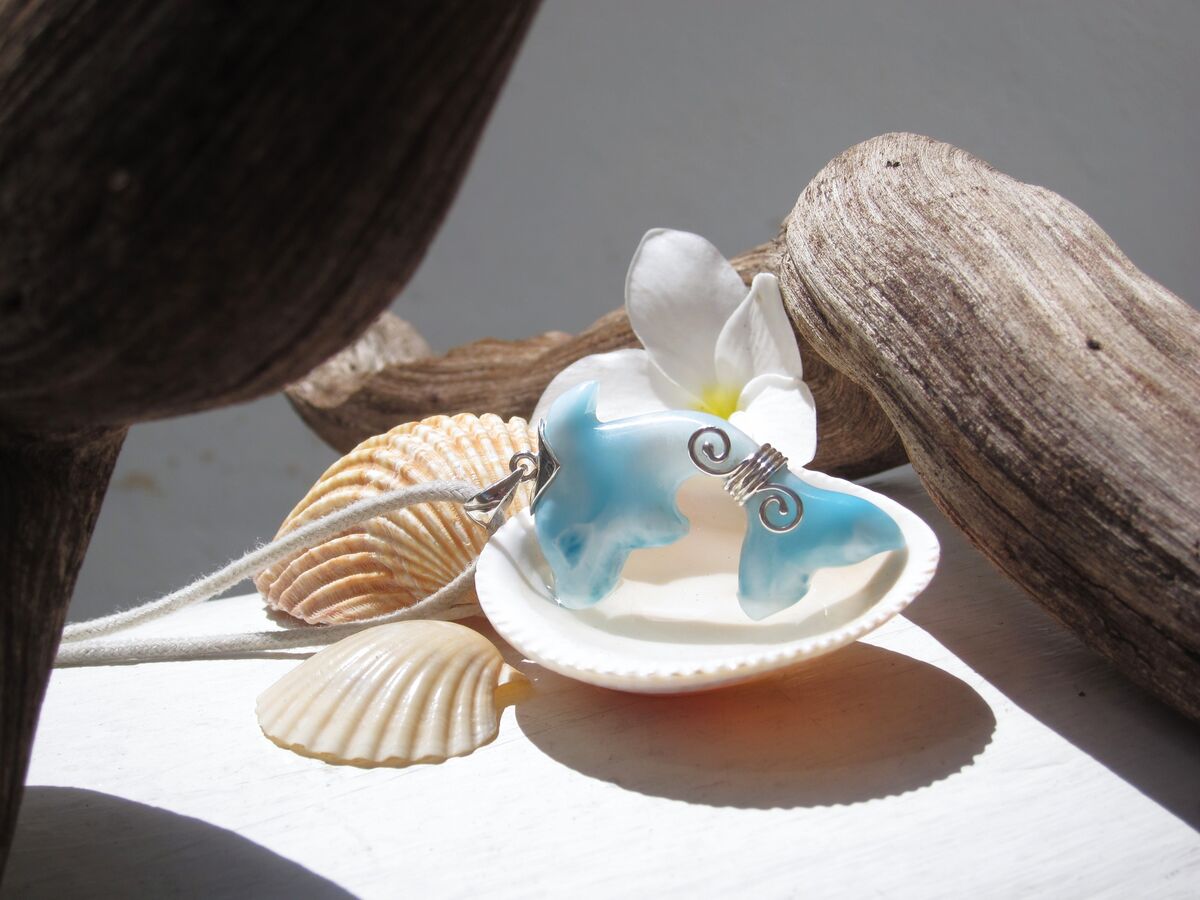 Iridescent turquoise Larimar dolphin pendant, Guardian of the Beach - ET3708 - product images  of 