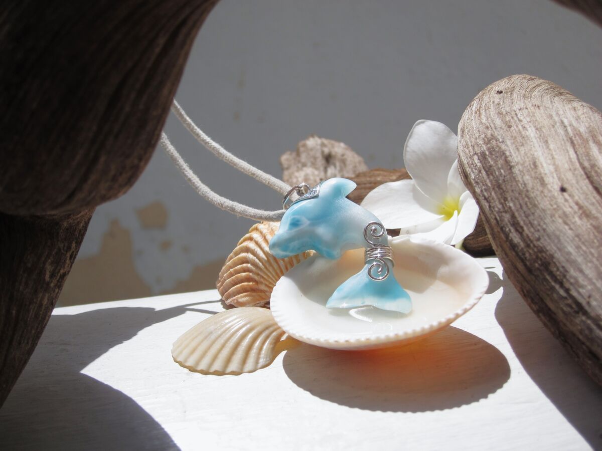 Iridescent turquoise Larimar dolphin pendant, Guardian of the Beach - ET3708 - product images  of 
