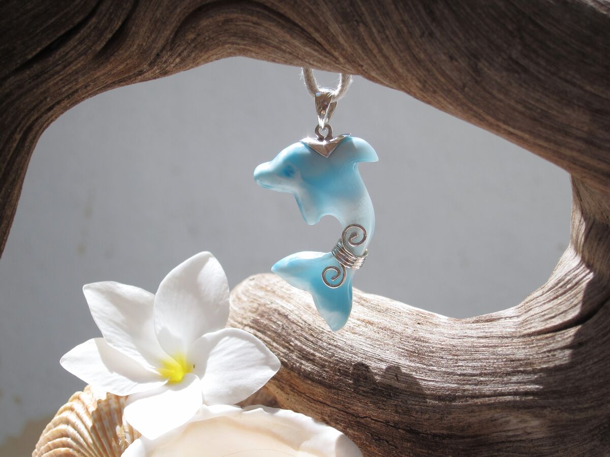 Iridescent turquoise Larimar dolphin pendant, Guardian of the Beach - ET3708 - product images  of 