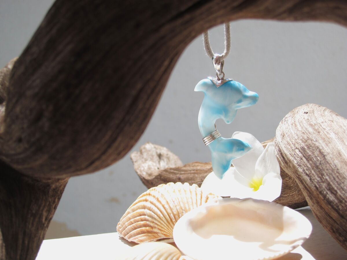Iridescent turquoise Larimar dolphin pendant, Guardian of the Beach - ET3708 - product images  of 