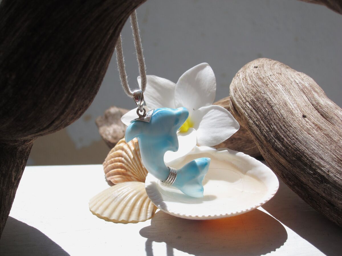 Iridescent turquoise Larimar dolphin pendant, Guardian of the Beach - ET3708 - product images  of 
