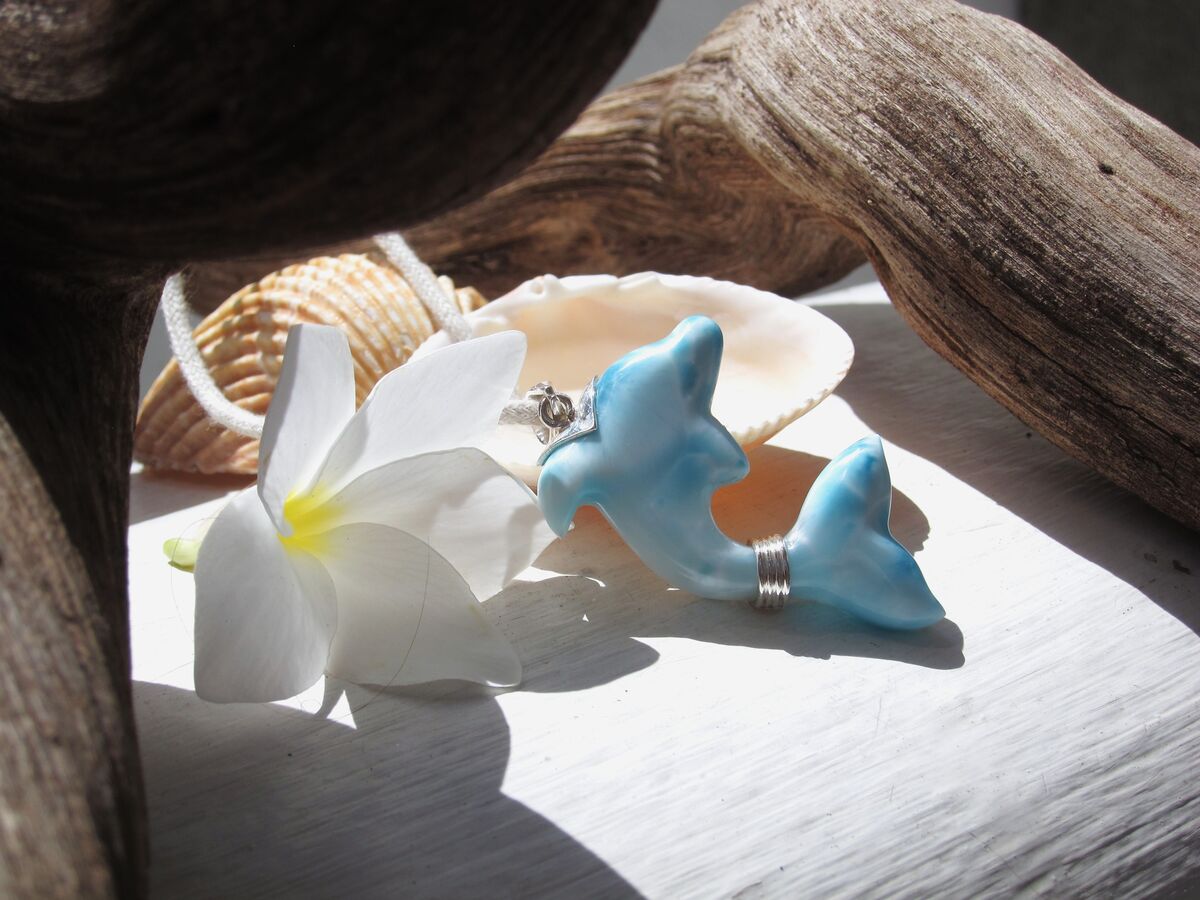 Iridescent turquoise Larimar dolphin pendant, Guardian of the Beach - ET3708 - product images  of 