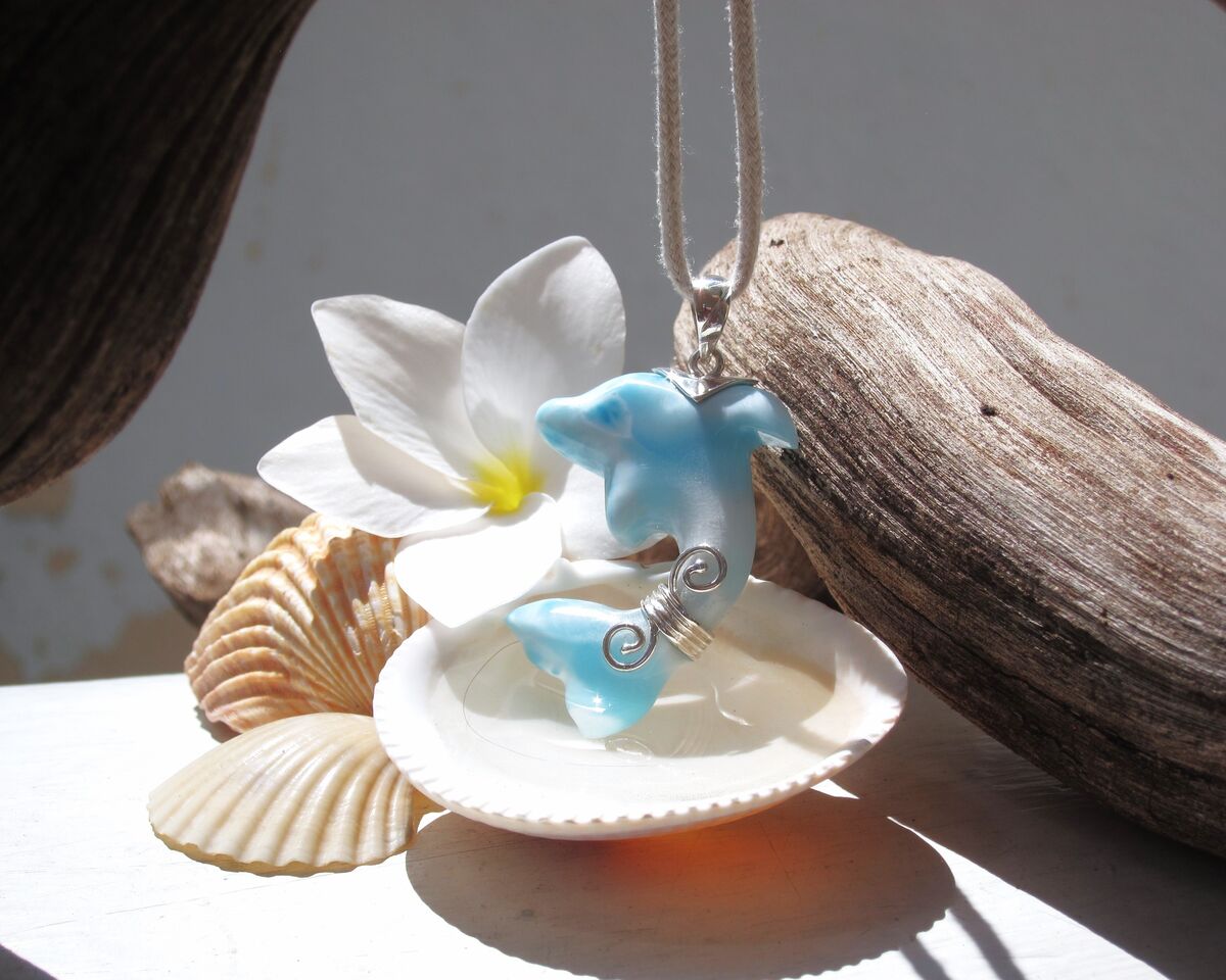 Iridescent turquoise Larimar dolphin pendant, Guardian of the Beach - ET3708 - product images  of 